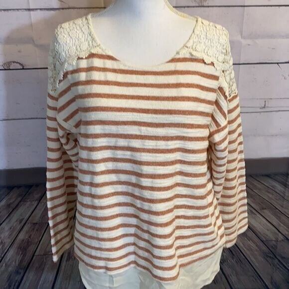 Doe Rae Shirt Womens Large Ivory Orange Striped Lace Boho Boxy Rayon Textured - Picture 2 of 12